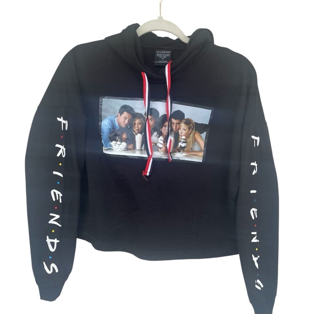 FRIENDS Black Cropped Hoodie with Movie Scene and Sleeve Print Small